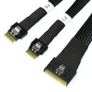 Slimline SAS SFF 8654 8i to Dual SFF 8654 4i Server Cable with Anti-Misplug Design 12Gbps High Speed 32AWG Data Transfer Cord, 10 Ohm Impedance (1M) Slimline SAS SFF 8654 8i to Dual SFF 8654 4i Server Cable with Anti-Misplug Design 12Gbps High Speed 32AWG Data Transfer Cord, 10 Ohm Impedance (1M)