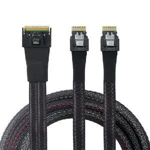 Slimline SAS SFF 8654 8i to Dual SFF 8654 4i Server Cable with Anti-Misplug Design 12Gbps High Speed 32AWG Data Transfer Cord, 10 Ohm Impedance (0.8M) Slimline SAS SFF 8654 8i to Dual SFF 8654 4i Server Cable with Anti-Misplug Design 12Gbps High Speed 32AWG Data Transfer Cord, 10 Ohm Impedance (0.8M)