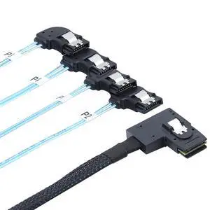 Mini SAS HD SFF-8087 Right-Angle to 4X SATA 7P Right-Angle Internal Server Cable, 30AWG Copper Harness, 12Gbps High-Speed Data Transfer (1m/39.37in) Mini SAS HD SFF-8087 Right-Angle to 4X SATA 7P Right-Angle Internal Server Cable, 30AWG Copper Harness, 12Gbps High-Speed Data Transfer (1m/39.37in)
