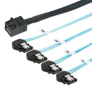 Mini SAS HD SFF-8643 to 4X SATA Left Angle Internal High Speed Server Cable 30AWG 12Gbps Breakout Harness (1m/39.37in) Mini SAS HD SFF-8643 to 4X SATA Left Angle Internal High Speed Server Cable 30AWG 12Gbps Breakout Harness (1m/39.37in)