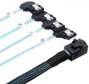 Mini SAS HD SFF-8643 to 4×SATA Right-Angle Internal High-Speed Server Cable, 30AWG 12G Copper Wire Harness (1m/39.37in) Mini SAS HD SFF-8643 to 4×SATA Right-Angle Internal High-Speed Server Cable, 30AWG 12G Copper Wire Harness (1m/39.37in)