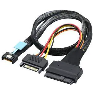 Gen5 MCIO Slimline SFF-8654 4I to SAS 8639 U.2 Cable with 15P SATA Power, 30G High-Speed Copper Wire Harness (0.5M/19.68in) Gen5 MCIO Slimline SFF-8654 4I to SAS 8639 U.2 Cable with 15P SATA Power, 30G High-Speed Copper Wire Harness (0.5M/19.68in)