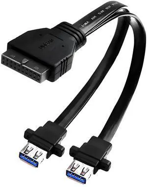 PC Motherboard 20-Pin to 2PCS Front Panel Mounted USB 3.0 Type-A (with Mounting Screw Holes) Female Flat Extension Cable 12.5in/32cm PC Motherboard 20-Pin to 2PCS Front Panel Mounted USB 3.0 Type-A (with Mounting Screw Holes) Female Flat Extension Cable 12.5in/32cm