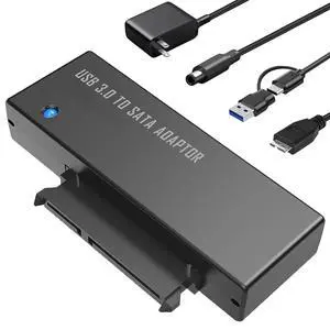 USB 3.0 to SATA Adapter, 2-in-1 USB C and USB A to SATA Converter Cable with 12V/2A Power Supply, Supports 2.5/3.5 Inch HDD/SSD up to 18TB, UASP for High-Speed Data Transfer & Backup, Plug and Play USB 3.0 to SATA Adapter, 2-in-1 USB C and USB A to SATA Converter Cable with 12V/2A Power Supply, Supports 2.5/3.5 Inch HDD/SSD up to 18TB, UASP for High-Speed Data Transfer & Backup, Plug and Play