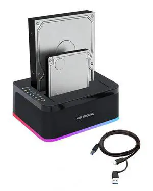 Dual-Bay RGB Hard Drive Docking Station with Offline Clone Function, 2x20TB USB 3.0 SATA HDD/SSD Duplicator Dock, UASP & Trim Support, Plug & Play for 2.5/3.5 Inch HDD/SSD, Includes USB-A to C Cable Dual-Bay RGB Hard Drive Docking Station with Offline Clone Function, 2x20TB USB 3.0 SATA HDD/SSD Duplicator Dock, UASP & Trim Support, Plug & Play for 2.5/3.5 Inch HDD/SSD, Includes USB-A to C Cable