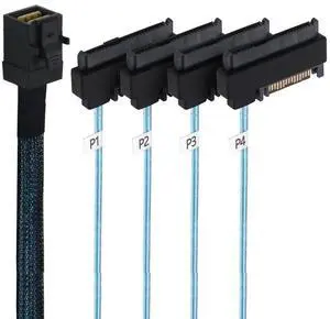 Internal Mini SAS HD SFF-8643 Host Controller to 4 SFF-8482 Target SAS Hard Disk and SATA Power Breakout Fanout Cable (50cm) Internal Mini SAS HD SFF-8643 Host Controller to 4 SFF-8482 Target SAS Hard Disk and SATA Power Breakout Fanout Cable (50cm)