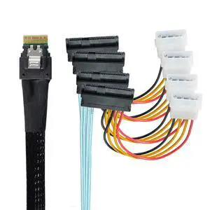 Internal Slimline SAS HD SFF-8654 Host Controller to 4 SFF-8482 Target SAS Hard Disk and SATA Power Breakout Fanout Cable (100cm) Internal Slimline SAS HD SFF-8654 Host Controller to 4 SFF-8482 Target SAS Hard Disk and SATA Power Breakout Fanout Cable (100cm)