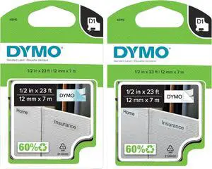 DYMO D1 Label Maker Tape Bundle 1/2" x 23' Black on White & Black on Clear (45113 & 45110), 12mm Standard Refill Cartridges, Water & UV Resistant, 2 Pack DYMO D1 Label Maker Tape Bundle 1/2" x 23' Black on White & Black on Clear (45113 & 45110), 12mm Standard Refill Cartridges, Water & UV Resistant, 2 Pack