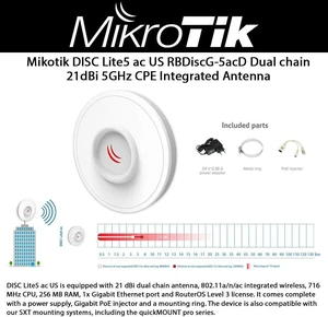 Mikrotik outdoor wireless CPE DISC Lite5 ac 21 dBi dual chain antenna with 5GHz 802.11a/n/ac US Mikrotik outdoor wireless CPE DISC Lite5 ac 21 dBi dual chain antenna with 5GHz 802.11a/n/ac US