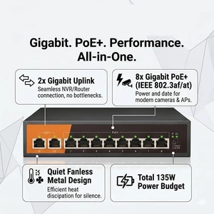 10-Port Gigabit PoE Switch, 8 PoE+ Ports + 2 RJ45 Uplink, 135W Power Budget 10-Port Gigabit PoE Switch, 8 PoE+ Ports + 2 RJ45 Uplink, 135W Power Budget