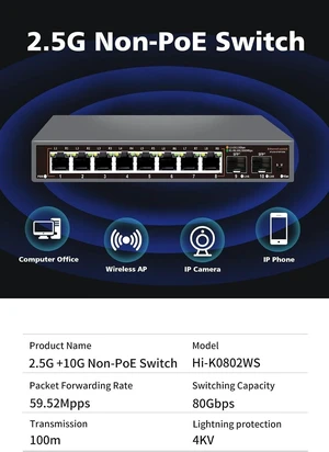 8 Port 2.5G Ethernet Switch POE Network Switch with 2*10G SFP 8 Port 2.5G Ethernet Switch POE Network Switch with 2*10G SFP