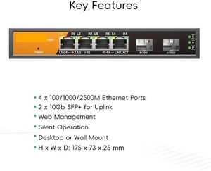 6-Port Multi-Gigabit Managed Switch with 4-2.5Gb RJ45 and 2-10G SFP+ 6-Port Multi-Gigabit Managed Switch with 4-2.5Gb RJ45 and 2-10G SFP+