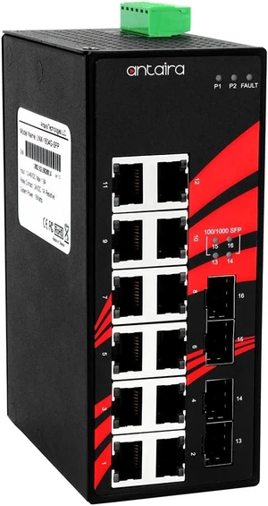 Antaira LNX-1604G-SFP Industrial-Grade 16-Port Unmanaged Gigabit Ethernet Switch, 4 SFP Slots, DIN-Rail Mount, -10 to 70°C Operating Temperature, Redundant 12 to 48 VDC Power Input