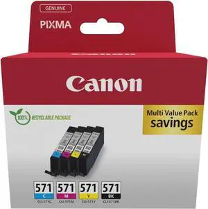 Canon CLI-571 Genuine Ink Cartridges, Pack of 4 (Black, Cyan, Magenta, Yellow) - Cardboard Multipack Canon CLI-571 Genuine Ink Cartridges, Pack of 4 (Black, Cyan, Magenta, Yellow) - Cardboard Multipack