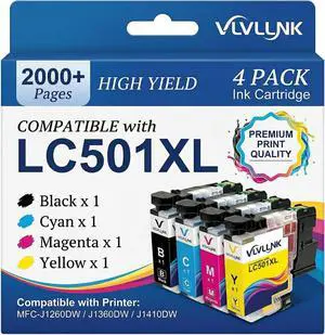 LC501XL Ink Cartridges Compatible with Brother LC501XL LC501 Ink cartridges LC501 XL Work with Brother MFC-J1360DW MFC-J1410DW MFC-J1260W Printer 4 Pack Black Cyan Magenta Yellow LC501XL Ink Cartridges Compatible with Brother LC501XL LC501 Ink cartridges LC501 XL Work with Brother MFC-J1360DW MFC-J1410DW MFC-J1260W Printer 4 Pack Black Cyan Magenta Yellow