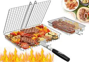 Grill Baskets for Outdoor Grill, 2PCS BBQ Grilling Basket with Removable Wooden Handle, Stainless Steel Camping Cooking Grill Accessories for Meat Fish Vegetable Seafood, Gifts for Men Dad Husband Grill Baskets for Outdoor Grill, 2PCS BBQ Grilling Basket with Removable Wooden Handle, Stainless Steel Camping Cooking Grill Accessories for Meat Fish Vegetable Seafood, Gifts for Men Dad Husband