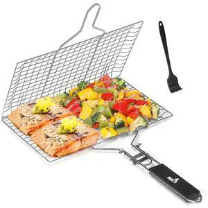 BBQ Grill Basket, Folding Portable Stainless Steel BBQ Grill Basket with with Removable Wooden Handle & Basting Brush for Vegetables, Shrimp, Fish, Locking Grilling Basket for Outdoor, Camping BBQ Grill Basket, Folding Portable Stainless Steel BBQ Grill Basket with with Removable Wooden Handle & Basting Brush for Vegetables, Shrimp, Fish, Locking Grilling Basket for Outdoor, Camping
