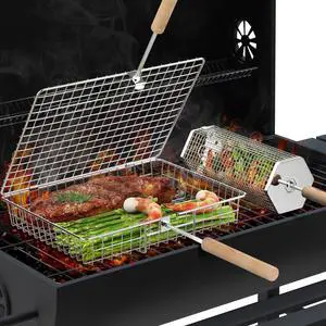 Grill Basket Set, Removable Wooden Handle, 304 Stainless Steel, Rolling BBQ Tools, Smoker Grilling Accessories for Vegetable Fish, Outdoor Cooking Camping, Birthday Gifts for Men Dad Husband Grill Basket Set, Removable Wooden Handle, 304 Stainless Steel, Rolling BBQ Tools, Smoker Grilling Accessories for Vegetable Fish, Outdoor Cooking Camping, Birthday Gifts for Men Dad Husband