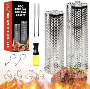 Rolling Grilling Baskets (2 PCS) - 360° Heavy Duty Stainless Steel BBQ Basket, Complete Set for Outdoor Cooking and Party Rolling Grilling Baskets (2 PCS) - 360° Heavy Duty Stainless Steel BBQ Basket, Complete Set for Outdoor Cooking and Party