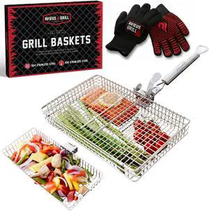 GRILL Grill Baskets for Outdoor Grill | 2 Grilling Baskets with Detachable Handle | Barbecue Grill Set with BBQ Gloves | Portable Camping Net Rack Perfect for Vegetables, Seafood & Meat GRILL Grill Baskets for Outdoor Grill | 2 Grilling Baskets with Detachable Handle | Barbecue Grill Set with BBQ Gloves | Portable Camping Net Rack Perfect for Vegetables, Seafood & Meat