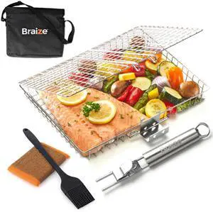 Stainless Steel Large Grill Basket with Removable Handle 12.25 x 9.5 x 1.5 Inch BBQ Vegetable Basket with Easy Open Lid, Silicone Basting Brush & Scrub Sponge Outdoor Cooking & Camping Accessory Stainless Steel Large Grill Basket with Removable Handle 12.25 x 9.5 x 1.5 Inch BBQ Vegetable Basket with Easy Open Lid, Silicone Basting Brush & Scrub Sponge Outdoor Cooking & Camping Accessory