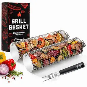 Rolling Grill Basket, Removable Wooden Handle, Extra Sturdy Cylinder Grilling Basket, Food Grade Stainless Steel, Portable Outdoor Camping accessories BBQ Net Rack, Cooking Griller for Fish,Vegetables Rolling Grill Basket, Removable Wooden Handle, Extra Sturdy Cylinder Grilling Basket, Food Grade Stainless Steel, Portable Outdoor Camping accessories BBQ Net Rack, Cooking Griller for Fish,Vegetables