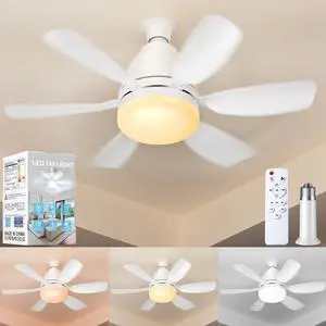 Socket Fan Light with Remote, 20'' 30W Dimmable LED 3 Colors 3000K-6500K, 6 Speed Wind Small Ceiling Fan with Light, Screw in Light Bulb Fan for Bedroom, Kitchen, Living Room, Closet Socket Fan Light with Remote, 20'' 30W Dimmable LED 3 Colors 3000K-6500K, 6 Speed Wind Small Ceiling Fan with Light, Screw in Light Bulb Fan for Bedroom, Kitchen, Living Room, Closet