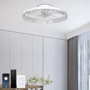 20" Crystal Flush Mount Ceiling Fan with Light, White, Low-Profile Enclosed Fandelier, App/Remote Dimmable 30006500K, Reversible Quiet Motor, 6 Speeds, Timer 20" Crystal Flush Mount Ceiling Fan with Light, White, Low-Profile Enclosed Fandelier, App/Remote Dimmable 30006500K, Reversible Quiet Motor, 6 Speeds, Timer