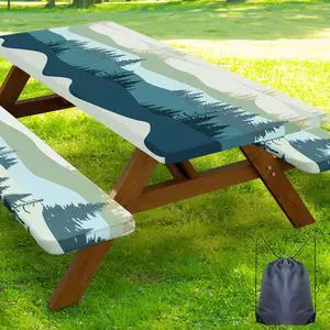 Picnic Table Cover with Bench Covers, Waterproof Elastic Fitted Tablecloth for 4 Foot Tables, Washable Polyester Tablecloths for Camping, Indoor & Outdoor (Green Blue, 24x48 Inch 3-pc Set) Picnic Table Cover with Bench Covers, Waterproof Elastic Fitted Tablecloth for 4 Foot Tables, Washable Polyester Tablecloths for Camping, Indoor & Outdoor (Green Blue, 24x48 Inch 3-pc Set)