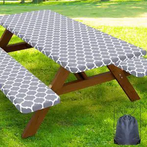 Picnic Table Cover with Bench Covers, Waterproof Elastic Fitted Tablecloth for 4 Foot Tables, Washable Polyester Tablecloths for Camping, Indoor & Outdoor (Grey, 24x48 Inch 3-pc Set) Picnic Table Cover with Bench Covers, Waterproof Elastic Fitted Tablecloth for 4 Foot Tables, Washable Polyester Tablecloths for Camping, Indoor & Outdoor (Grey, 24x48 Inch 3-pc Set)