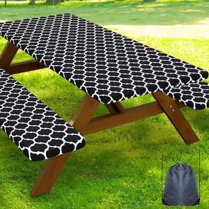 Picnic Table Cover with Bench Covers, Waterproof Elastic Fitted Tablecloth for 6 Foot Tables, Washable Polyester Tablecloths for Camping, Indoor & Outdoor (Black, 30x72 Inch 3-pc Set) Picnic Table Cover with Bench Covers, Waterproof Elastic Fitted Tablecloth for 6 Foot Tables, Washable Polyester Tablecloths for Camping, Indoor & Outdoor (Black, 30x72 Inch 3-pc Set)