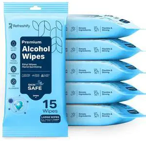 90 Large Alcohol Wipes - 75% Ethyl Alcohol Hand Wipes - 6 Packs of 15 - Fragrance Free, Skin Safe, Latex Free for Travel, Nails 90 Large Alcohol Wipes - 75% Ethyl Alcohol Hand Wipes - 6 Packs of 15 - Fragrance Free, Skin Safe, Latex Free for Travel, Nails