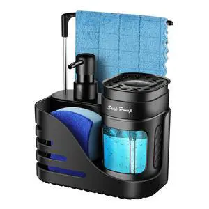 Kitchen Soap Dispenser Set, 4-in-1 Dual Hand and Dish Soap Dispenser with Sponge Holder and Dishcloth Holder for Kitchen Sink (Black) Kitchen Soap Dispenser Set, 4-in-1 Dual Hand and Dish Soap Dispenser with Sponge Holder and Dishcloth Holder for Kitchen Sink (Black)