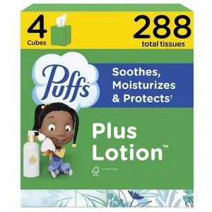 Puffs Facial Tissues Plus Lotion, 4 Mega Cube Boxes, 72 Facial Tissues per Box, Allergies and Colds (Packaging May Vary) Puffs Facial Tissues Plus Lotion, 4 Mega Cube Boxes, 72 Facial Tissues per Box, Allergies and Colds (Packaging May Vary)