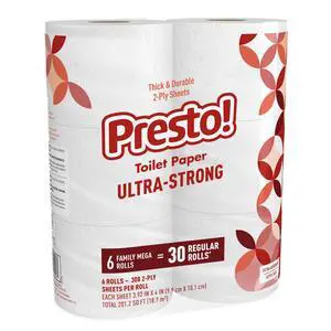 Ultra-Strong 2-Ply Toilet Paper, 6 Mega Rolls = 30 Regular Rolls, 308 Sheets Per Roll, Unscented Ultra-Strong 2-Ply Toilet Paper, 6 Mega Rolls = 30 Regular Rolls, 308 Sheets Per Roll, Unscented