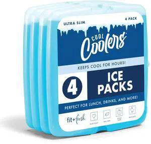 Cool Coolers 4 Pack Slim Ice Packs, Quick Freeze Space Saving Reusable Ice Packs for Lunch Boxes or Coolers, Blue Cool Coolers 4 Pack Slim Ice Packs, Quick Freeze Space Saving Reusable Ice Packs for Lunch Boxes or Coolers, Blue