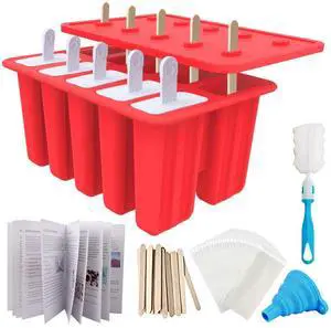 Homemade Popsicle Molds, 10-Cav Non-BPA Silicone Ice Pop Maker, with 50 Sticks, 50 Bags, 10 Reusable Sticks, Funnel, Brush and Ice Pop Recipe (Red) Homemade Popsicle Molds, 10-Cav Non-BPA Silicone Ice Pop Maker, with 50 Sticks, 50 Bags, 10 Reusable Sticks, Funnel, Brush and Ice Pop Recipe (Red)
