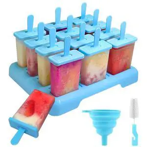 12 Cavities Popsicles Molds, BPA-Free Popsicle Molds with Built-in Popsicle Stick, DIY Popsicle Molds with Cleaning Brush and Funnel 12 Cavities Popsicles Molds, BPA-Free Popsicle Molds with Built-in Popsicle Stick, DIY Popsicle Molds with Cleaning Brush and Funnel