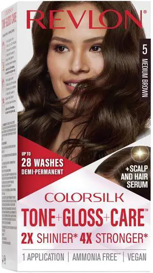 ColorSilk Tone + Gloss + Care Demi Permanent Hair Color, Dye Kit with Leave-In Scalp and Haircare Serum, 2x Shinier, 4x Stronger, 5 Medium Brown, 4.5 fl oz ColorSilk Tone + Gloss + Care Demi Permanent Hair Color, Dye Kit with Leave-In Scalp and Haircare Serum, 2x Shinier, 4x Stronger, 5 Medium Brown, 4.5 fl oz