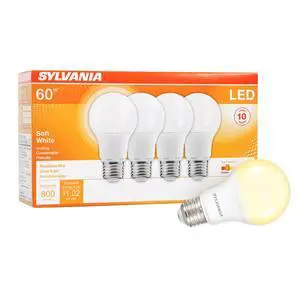 Sylvania LED Light Bulb, 60W Equivalent A19, Efficient 8.5W, Medium Base, Frosted Finish, 800 Lumens, Soft White - 4 Pack (73888) Sylvania LED Light Bulb, 60W Equivalent A19, Efficient 8.5W, Medium Base, Frosted Finish, 800 Lumens, Soft White - 4 Pack (73888)