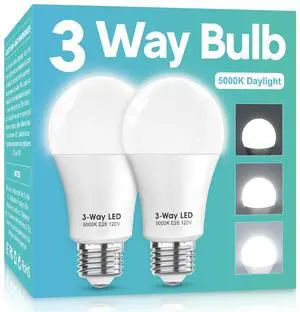 3 Way LED Light Bulbs 50 100 150W Equivalent, Daylight White 5000K 3 Way Light Bulbs, A19 Three Way Light Bulb,E26 Base LED Light Bulb for Reading,Living Room-2 Pack 3 Way LED Light Bulbs 50 100 150W Equivalent, Daylight White 5000K 3 Way Light Bulbs, A19 Three Way Light Bulb,E26 Base LED Light Bulb for Reading,Living Room-2 Pack