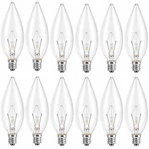 E12 60 Watt Incandescent Candle Light Bulbs, Chandelier Light Bulbs for Ceiling Fan, Vanity, Outdoor - Warm White 2500K, 600 Lumen Dimmable B10 Clear Candelabra Base Bulbs (12 Pack) E12 60 Watt Incandescent Candle Light Bulbs, Chandelier Light Bulbs for Ceiling Fan, Vanity, Outdoor - Warm White 2500K, 600 Lumen Dimmable B10 Clear Candelabra Base Bulbs (12 Pack)