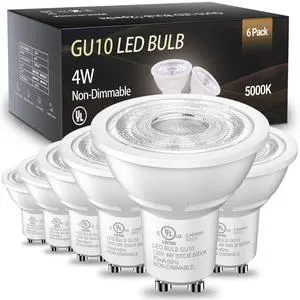 GU10 LED Light Bulbs Non-Dimmable, 4W, 5000K Daylight White, 300LM, Equivalent 35W, 2 Prong GU10 Bulbs Replacement for Recessed Track Lighting, MR16 LED Bulb for Living Room, Range Hood, 6 Pack GU10 LED Light Bulbs Non-Dimmable, 4W, 5000K Daylight White, 300LM, Equivalent 35W, 2 Prong GU10 Bulbs Replacement for Recessed Track Lighting, MR16 LED Bulb for Living Room, Range Hood, 6 Pack