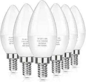 E12 LED Candelabra Light Bulbs 60W Equivalent, Daylight White 5000K 600 Lumen Chandelier Bulb, 6W B11 Candle Base, Non-Dimmable, Pack of 6 E12 LED Candelabra Light Bulbs 60W Equivalent, Daylight White 5000K 600 Lumen Chandelier Bulb, 6W B11 Candle Base, Non-Dimmable, Pack of 6