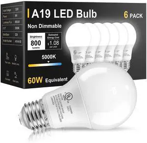6 Pack LED Light Bulbs 60 Watt Equivalent, Daylight White 5000K A19, Efficient 9W, E26 Standard Base, 800 LM Energy Saving Lightbulbs for Home Bedroom Living Room Office, Non-Dimmable, UL Listed 6 Pack LED Light Bulbs 60 Watt Equivalent, Daylight White 5000K A19, Efficient 9W, E26 Standard Base, 800 LM Energy Saving Lightbulbs for Home Bedroom Living Room Office, Non-Dimmable, UL Listed