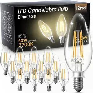 LED Candelabra Bulbs Dimmable, 60W Equivalent Chandelier Light Bulb, E12 Small Base, 4.5W 2700K Soft Warm White, B11 Vintage Filament Clear Glass Candle Light for Ceiling Fan Chandeliers, 12Pack LED Candelabra Bulbs Dimmable, 60W Equivalent Chandelier Light Bulb, E12 Small Base, 4.5W 2700K Soft Warm White, B11 Vintage Filament Clear Glass Candle Light for Ceiling Fan Chandeliers, 12Pack