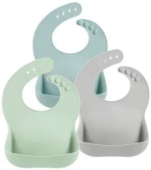 3-Pack Silicone Baby Bibs for Infants & Toddlers - Waterproof Soft Food Catcher Pocket - Easy Wipe & Dishwasher Safe - Adjustable Fit (Lake Green, Blue, Grey) 3-Pack Silicone Baby Bibs for Infants & Toddlers - Waterproof Soft Food Catcher Pocket - Easy Wipe & Dishwasher Safe - Adjustable Fit (Lake Green, Blue, Grey)