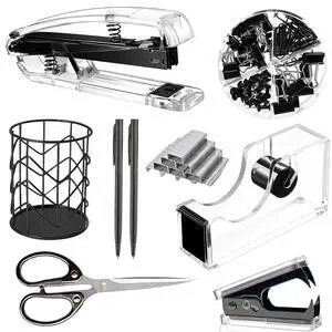 Office Desk AccessoriesOffice Supplies Set Acrylic Stapler Set Staple Remover, Tape Holder, Pen Holder, 2 Ballpoint Pen, Scissor, Binder Clips, Paper Clips and 1000pcs Staples(Black) Office Desk AccessoriesOffice Supplies Set Acrylic Stapler Set Staple Remover, Tape Holder, Pen Holder, 2 Ballpoint Pen, Scissor, Binder Clips, Paper Clips and 1000pcs Staples(Black)