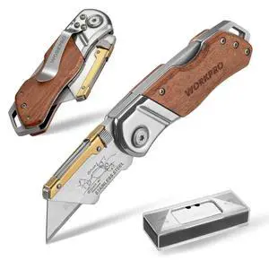 Folding Utility Knife with Belt Clip and Extra 10-piece Blades, Wood Handle Heavy Duty Cutter, Quick-change & Back Lock Folding Utility Knife with Belt Clip and Extra 10-piece Blades, Wood Handle Heavy Duty Cutter, Quick-change & Back Lock