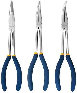 11-Inch Long Reach Needle Nose Pliers, Straight, 45° & 90° Bent | 3-Piece Set, Comfort Grip for Better Control, High Carbon Steel, Great for Narrow Tight Spaces, Automotive Repair 11-Inch Long Reach Needle Nose Pliers, Straight, 45° & 90° Bent | 3-Piece Set, Comfort Grip for Better Control, High Carbon Steel, Great for Narrow Tight Spaces, Automotive Repair